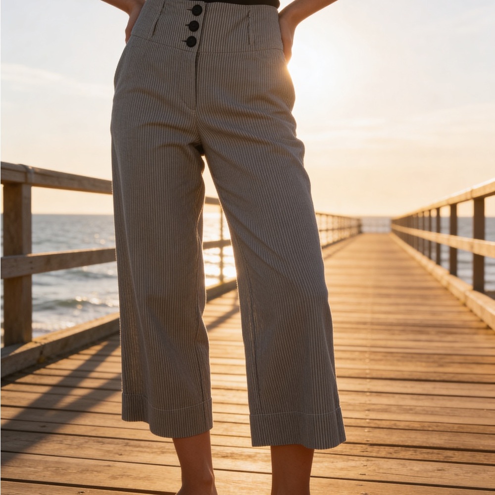Ivy Jane | Women’s Cropped Wide-Leg Pinstripe Trousers - Black & White | 6